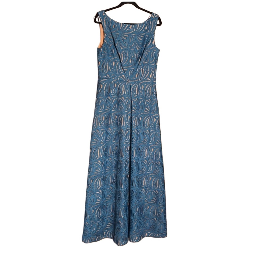 Kay Unger Mckenna Pleat Lace long sleeveless Gown teal nude #5989083 Sz 12